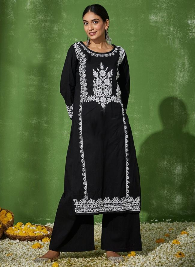 Rayon Black Casual Wear Chikankari Work Readymade Kurti With Plazzo